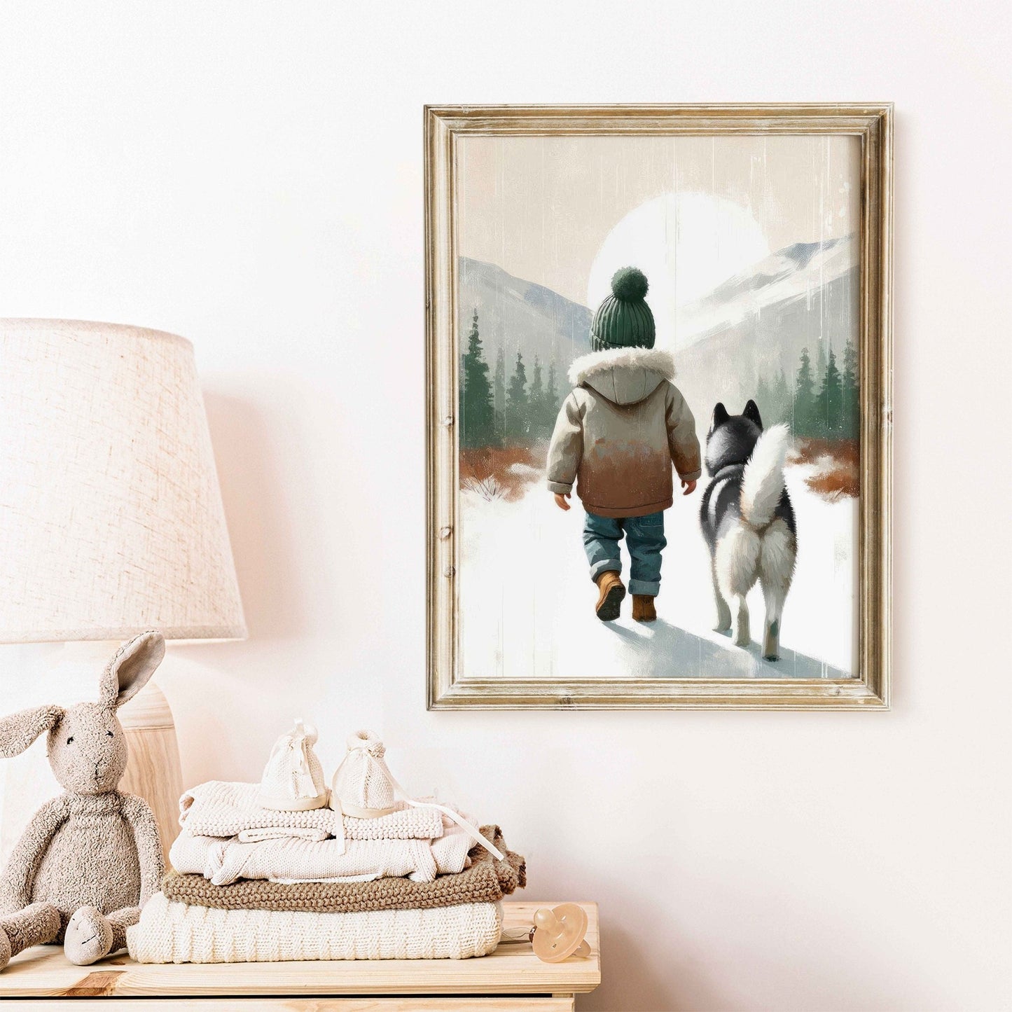 Siberian Husky Nursery Decor, Boy and Dog Print, Rustic Puppy Art - WildfieldPrints