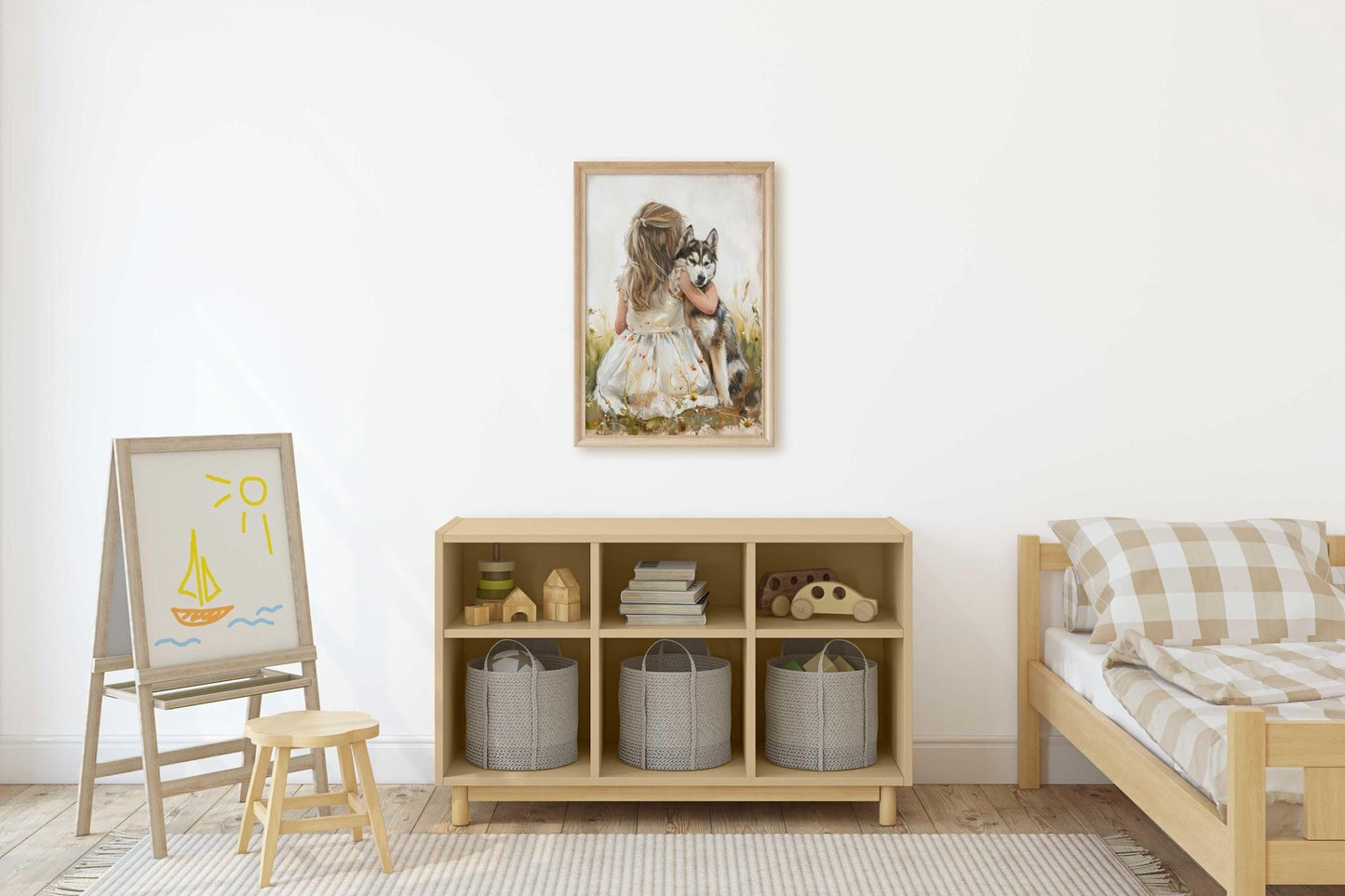 Siberian Husky Nursery Decor, Girl and Dog Wall Art, Rustic Print - WildfieldPrints