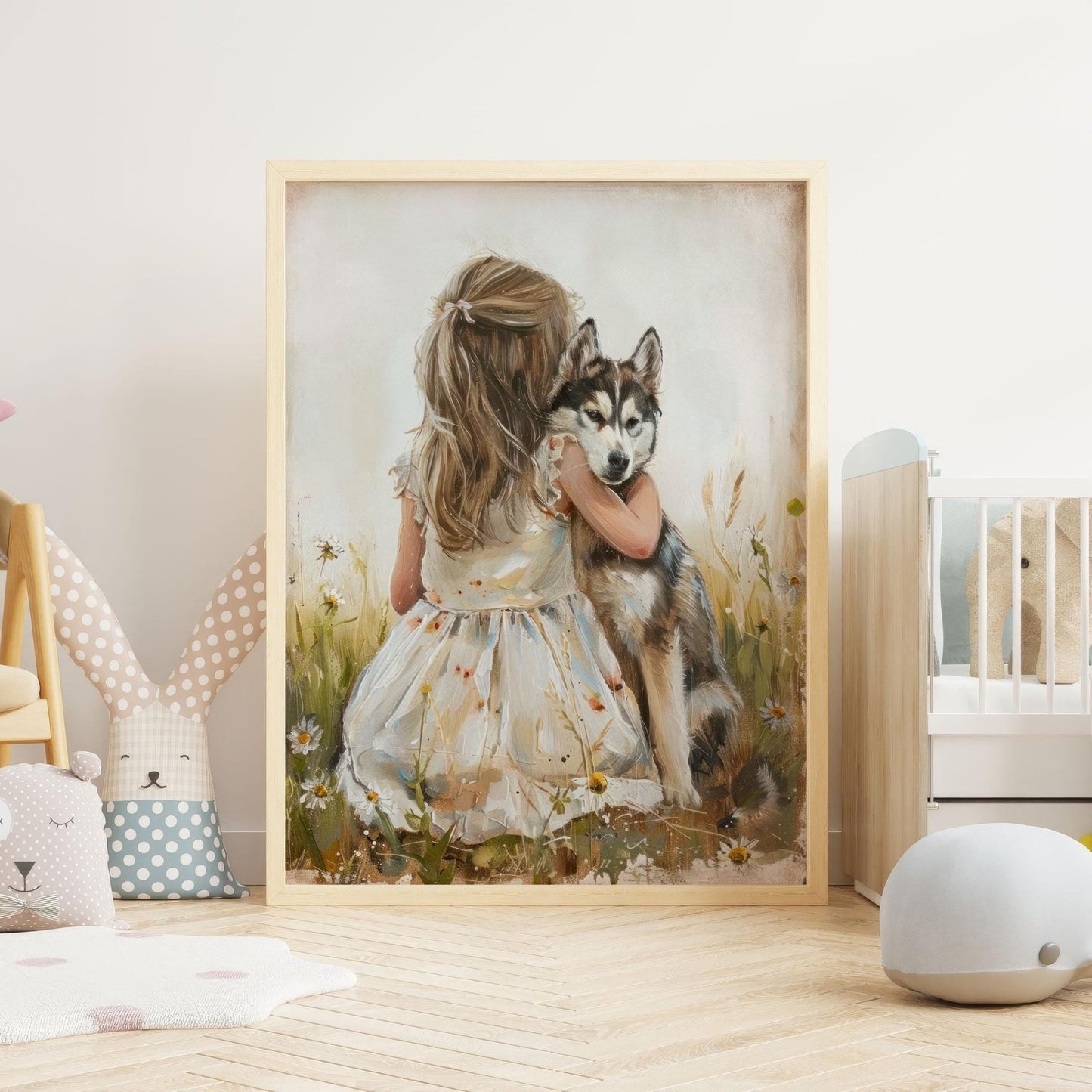 Siberian Husky Nursery Decor, Girl and Dog Wall Art, Rustic Print - WildfieldPrints
