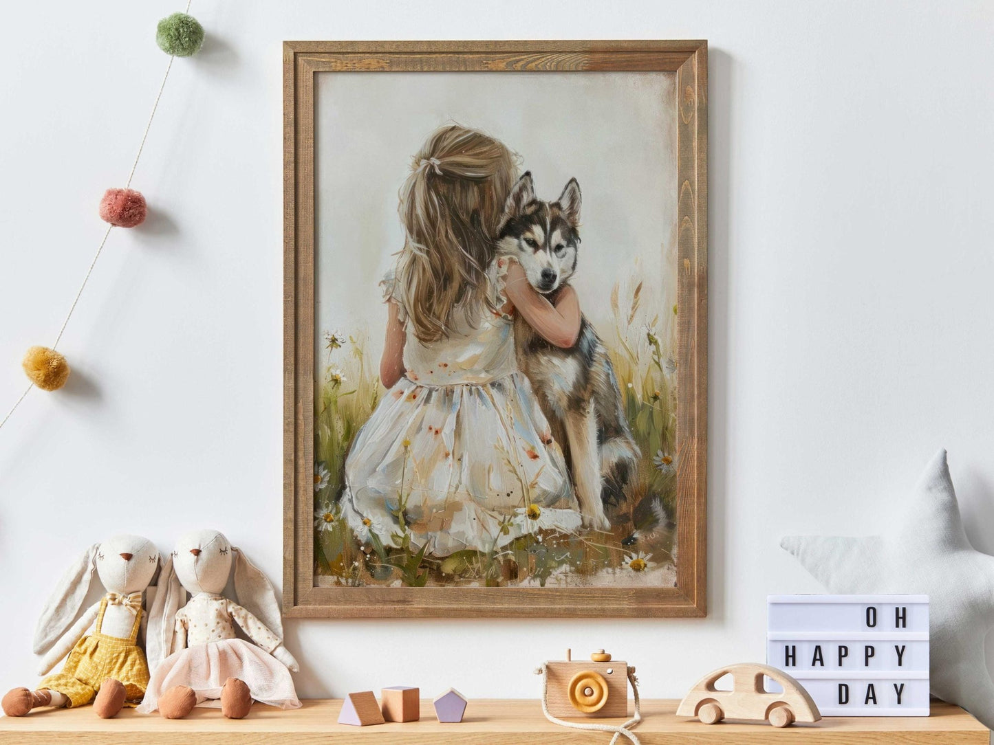 Siberian Husky Nursery Decor, Girl and Dog Wall Art, Rustic Print - WildfieldPrints