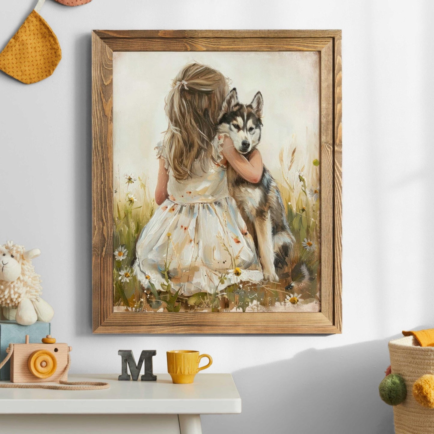 Siberian Husky Nursery Decor, Girl and Dog Wall Art, Rustic Print - WildfieldPrints