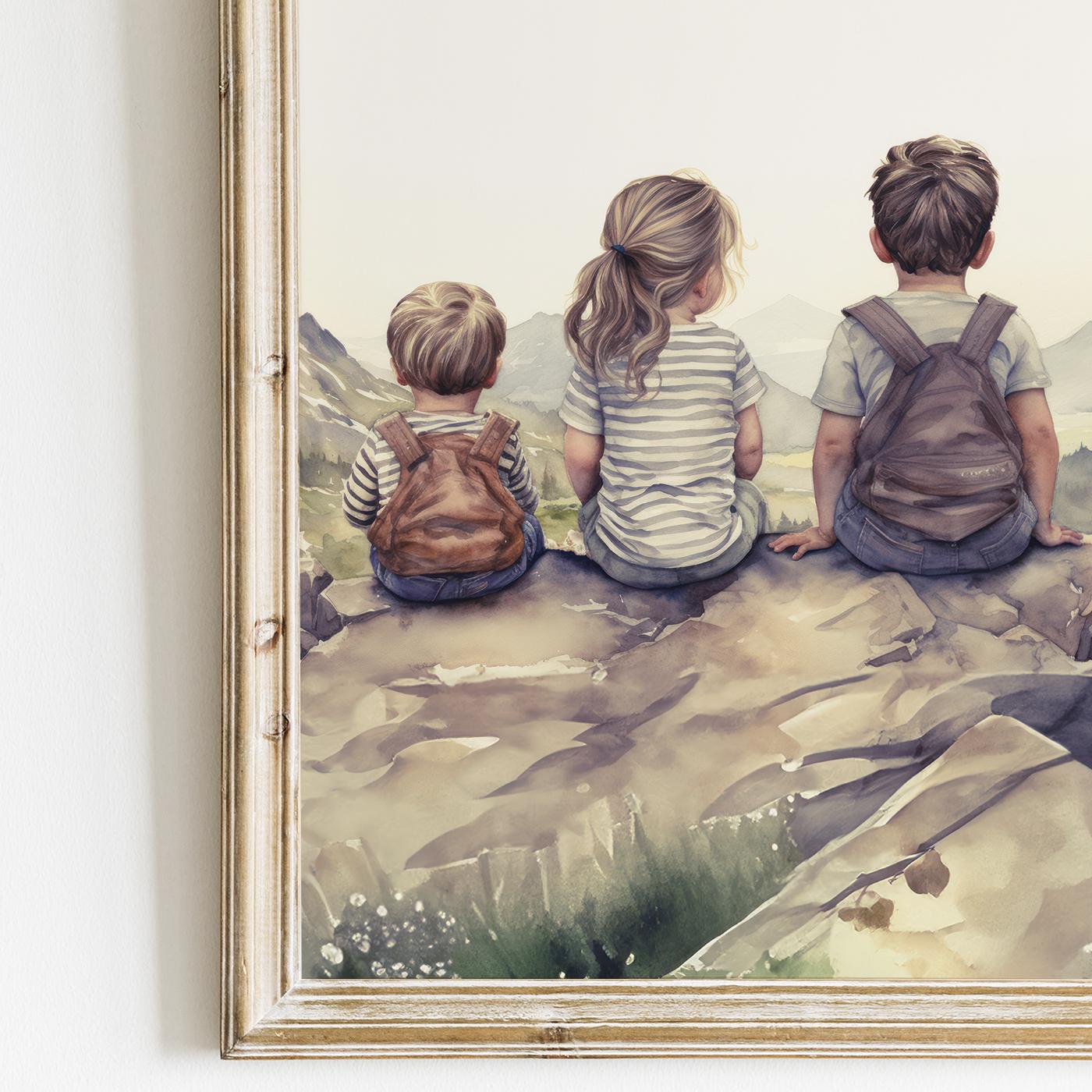 Sibling Print, Three Siblings Print, Set of 3, Kids Portrait, Adventure Nursery, Brother & Sister Art, Family Portrait, Printable Kids Art - My Store