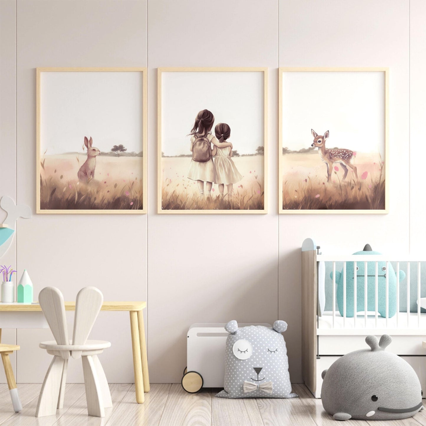 Sister Room Decor, Deer & Bunny Art, Shared Girl Prints - WildfieldPrints
