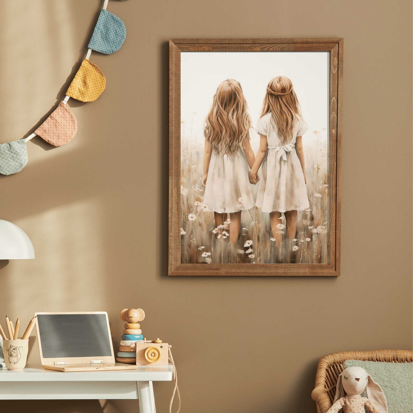 Sister Wall Art, Best Friends Print, Vintage Twin Sister Painting - WildfieldPrints