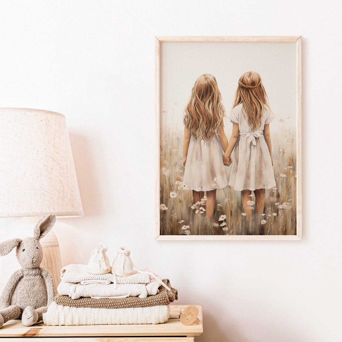 Sister Wall Art, Best Friends Print, Vintage Twin Sister Painting - WildfieldPrints