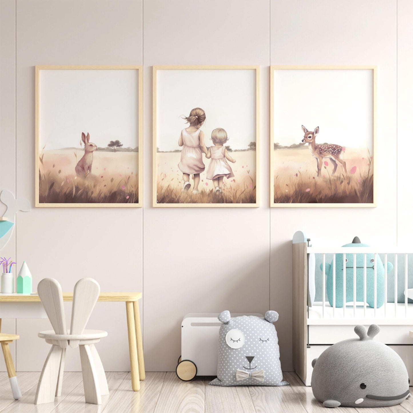 Sister Wall Prints, Sibling Room Decor, Deer & Bunny Art for Kids - WildfieldPrints