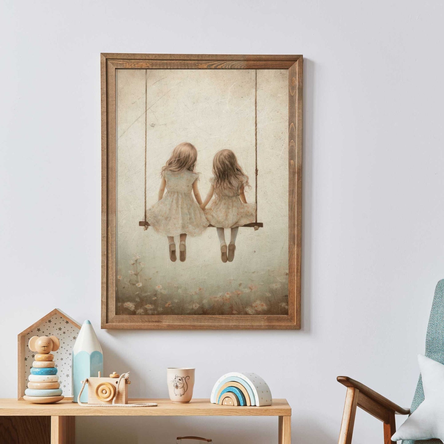 Sisters Wall Art, Vintage Nursery Decor, Friends on Swing Print - WildfieldPrints