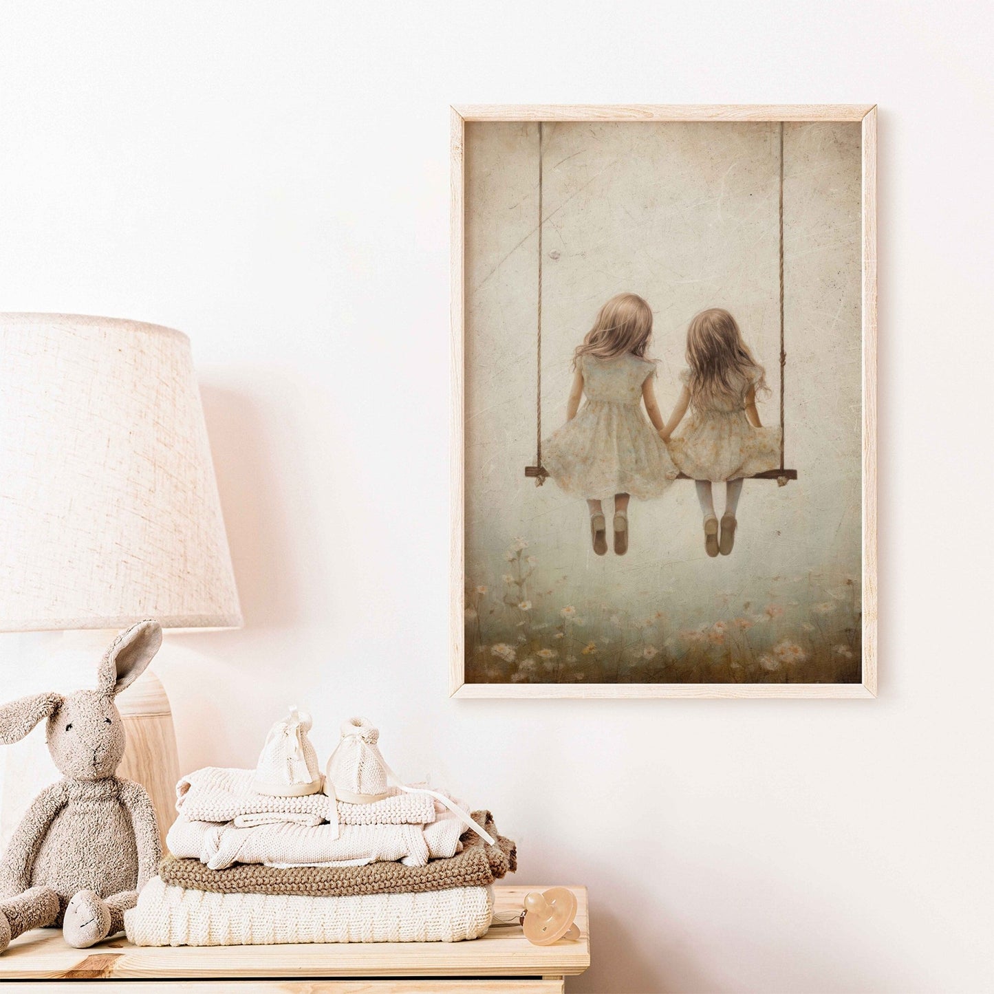 Sisters Wall Art, Vintage Nursery Decor, Friends on Swing Print - WildfieldPrints