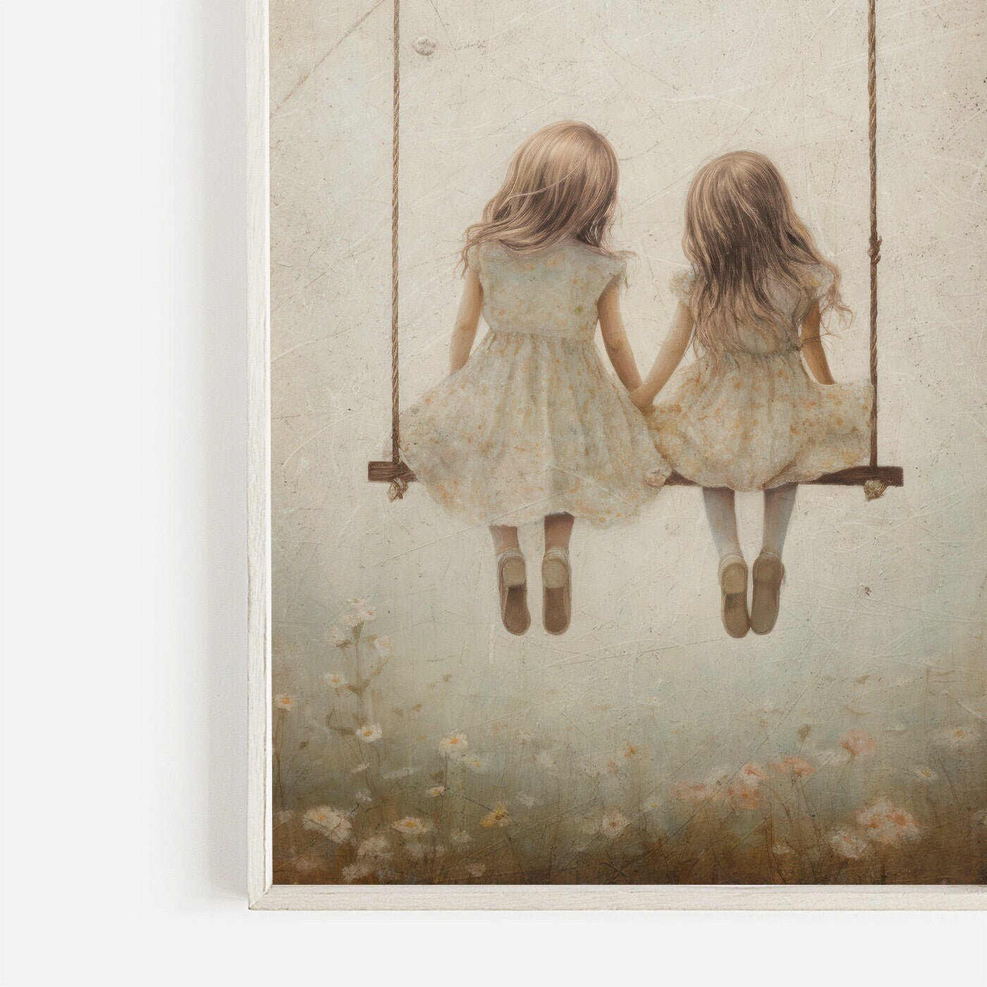 Sisters Wall Art, Vintage Nursery Decor, Friends on Swing Print - WildfieldPrints