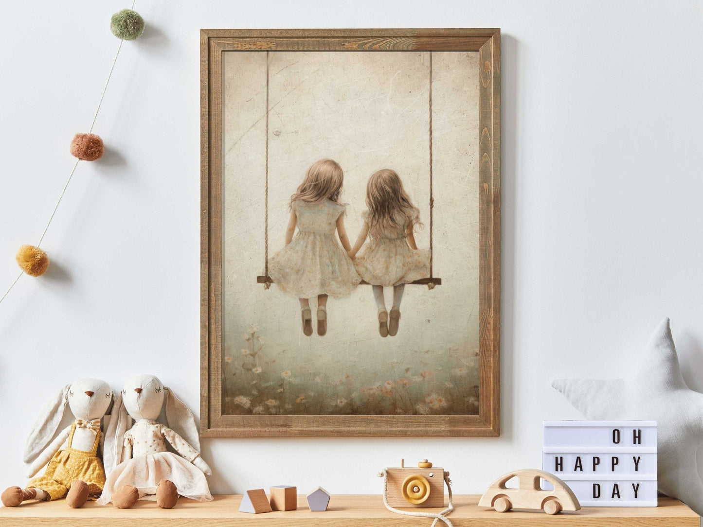 Sisters Wall Art, Vintage Nursery Decor, Friends on Swing Print - WildfieldPrints