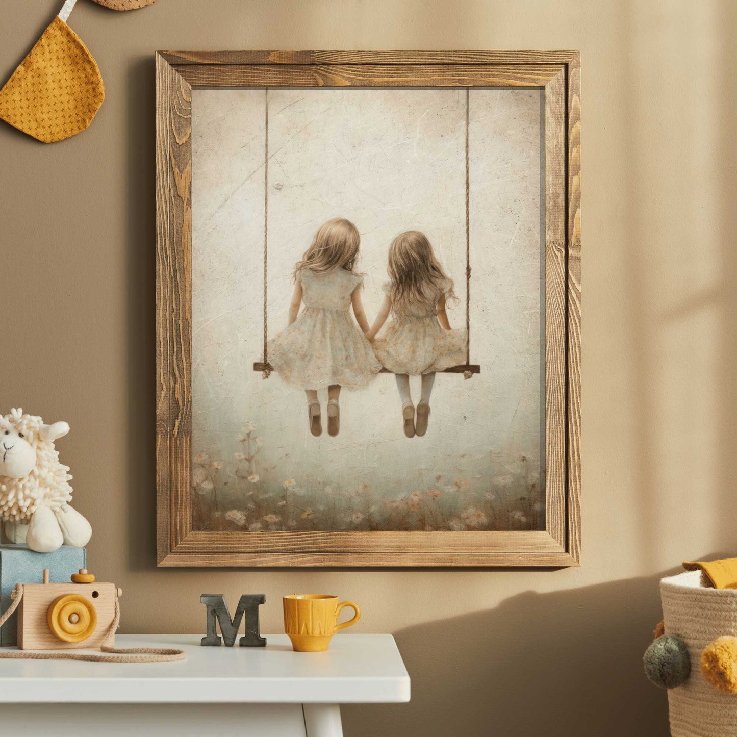 Sisters Wall Art, Vintage Nursery Decor, Friends on Swing Print - WildfieldPrints