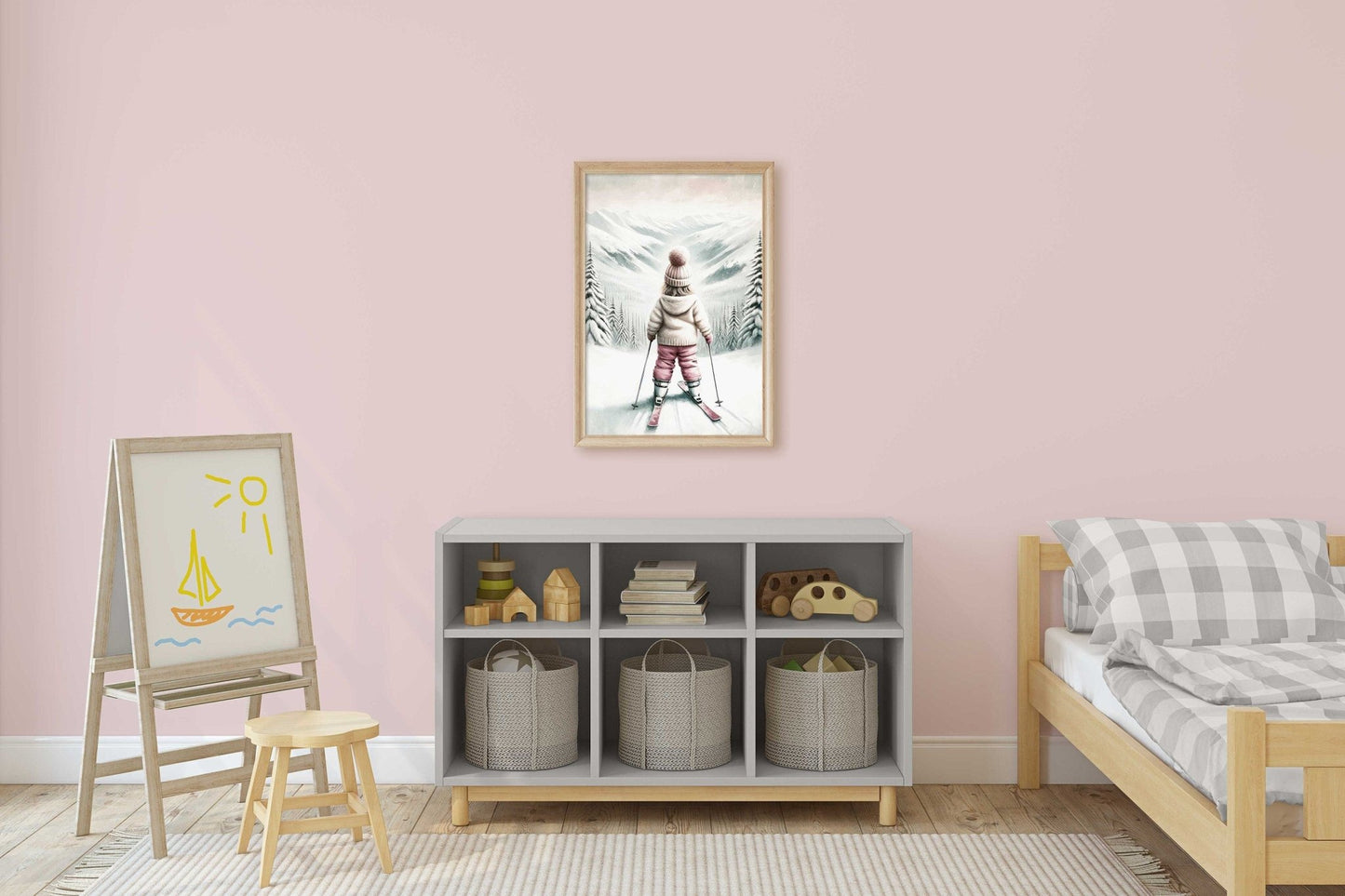 Skiing Nursery Art, Winter Wall Decor for Kids, Adorable Skier Print - WildfieldPrints