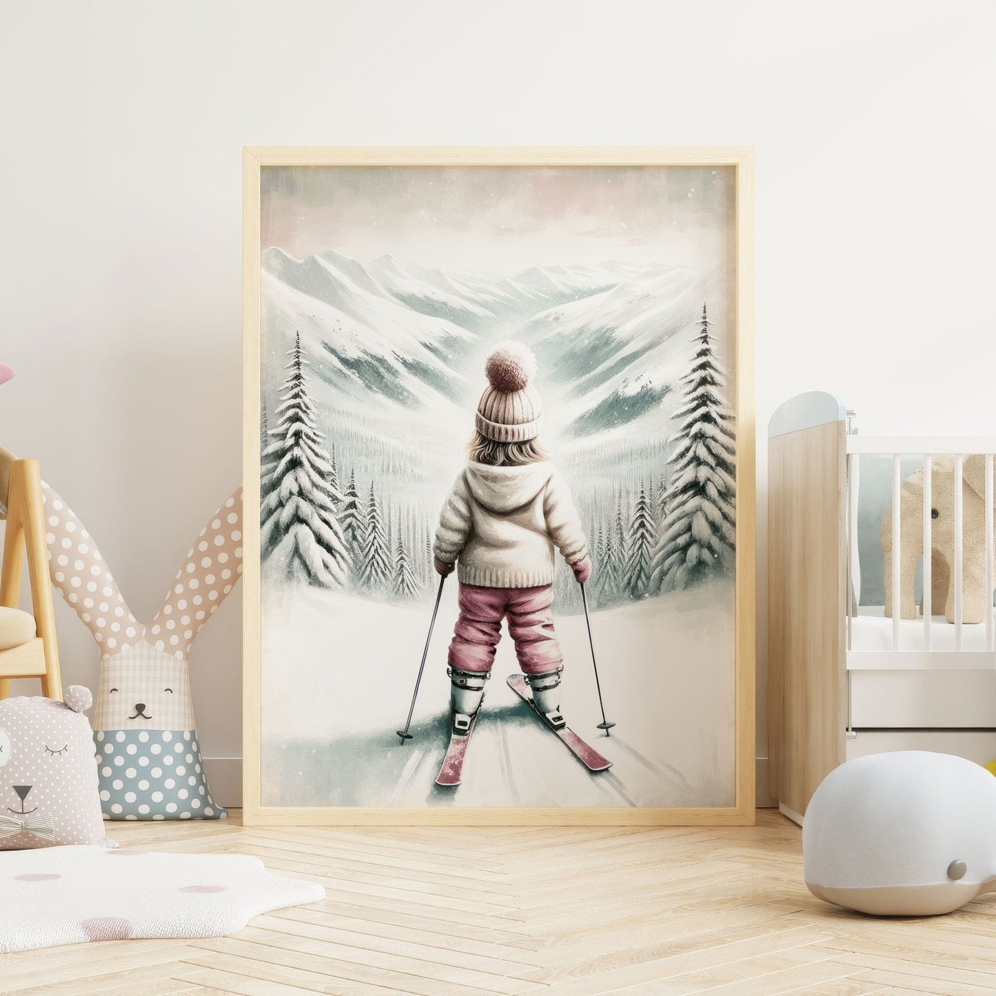 Skiing Nursery Art, Winter Wall Decor for Kids, Adorable Skier Print - WildfieldPrints