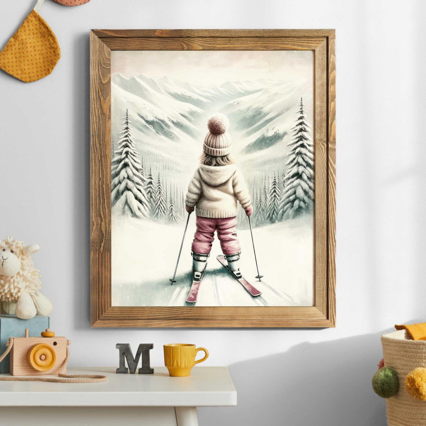 Skiing Nursery Art, Winter Wall Decor for Kids, Adorable Skier Print - WildfieldPrints