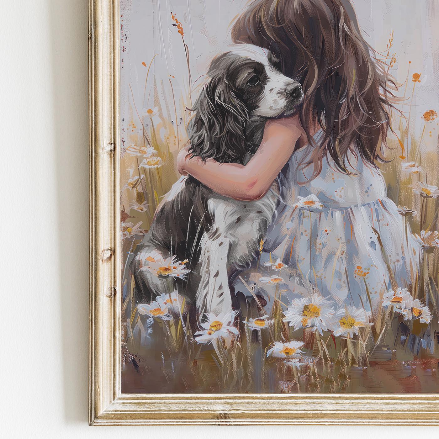 Springer Spaniel Nursery Art, Black & White Springer Spaniel Print, Dog Girl Nursery Decor, Girl and Dog Painting, Printable Rustic Dog Art - My Store