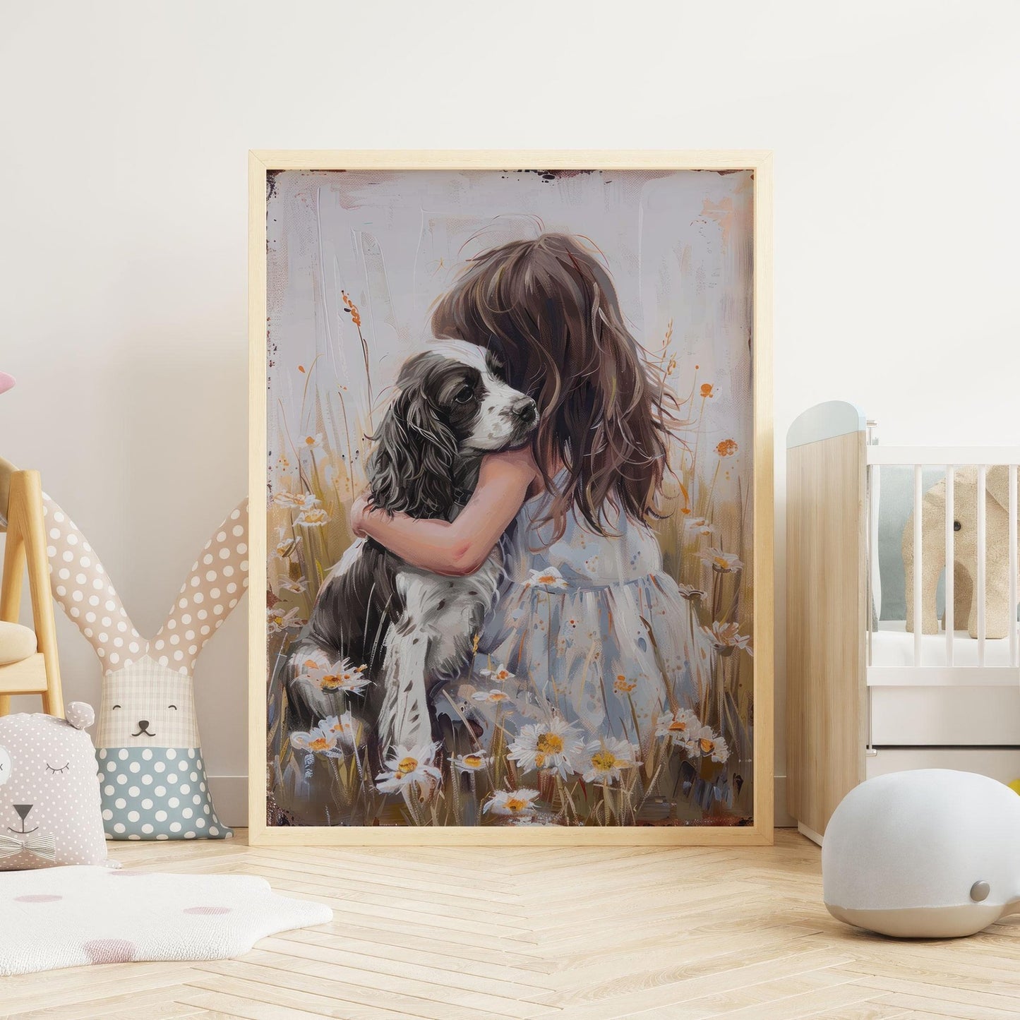 Springer Spaniel Nursery Art, Black & White Springer Spaniel Print, Dog Girl Nursery Decor, Girl and Dog Painting, Printable Rustic Dog Art - My Store