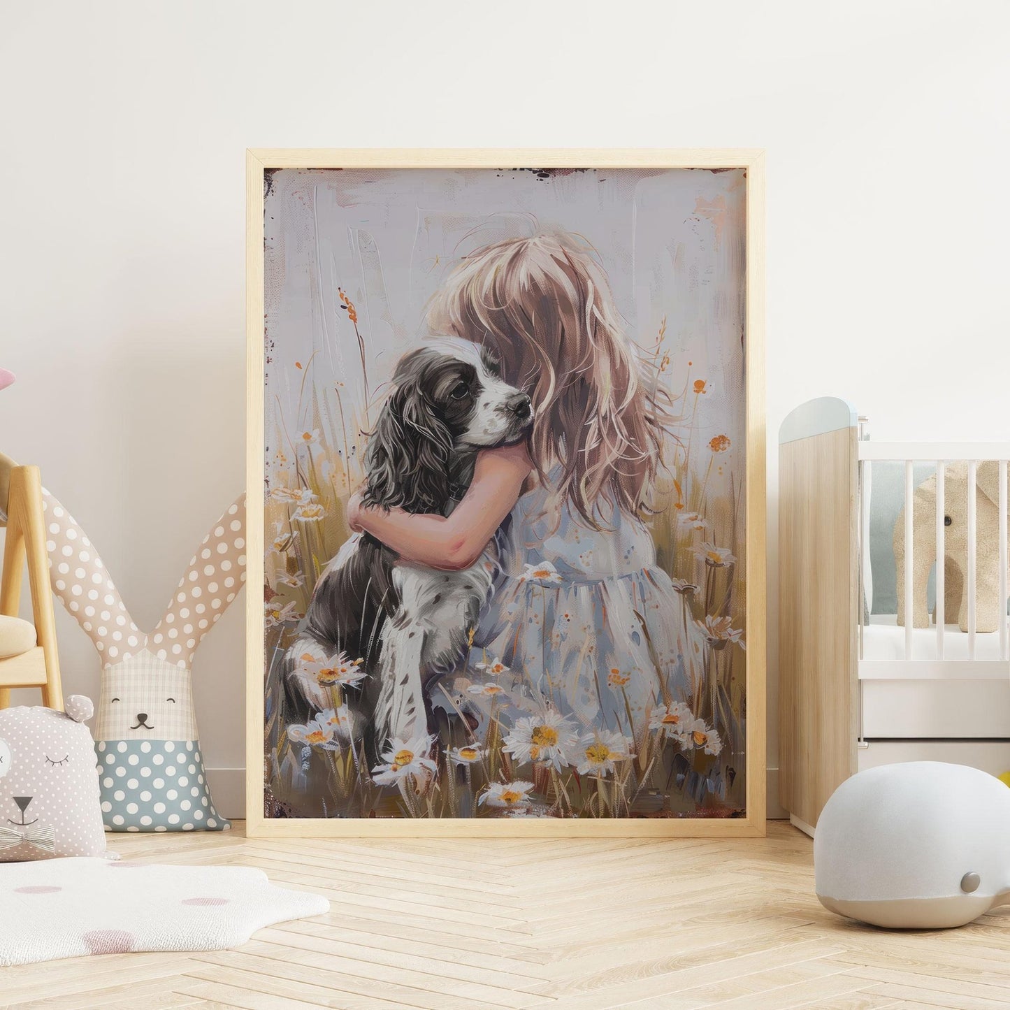 Springer Spaniel Nursery Wall Art, Black Springer Spaniel Painting, Dog Nursery Decor Girl, Girl and Dog Print, Printable Vintage Dog Art - My Store