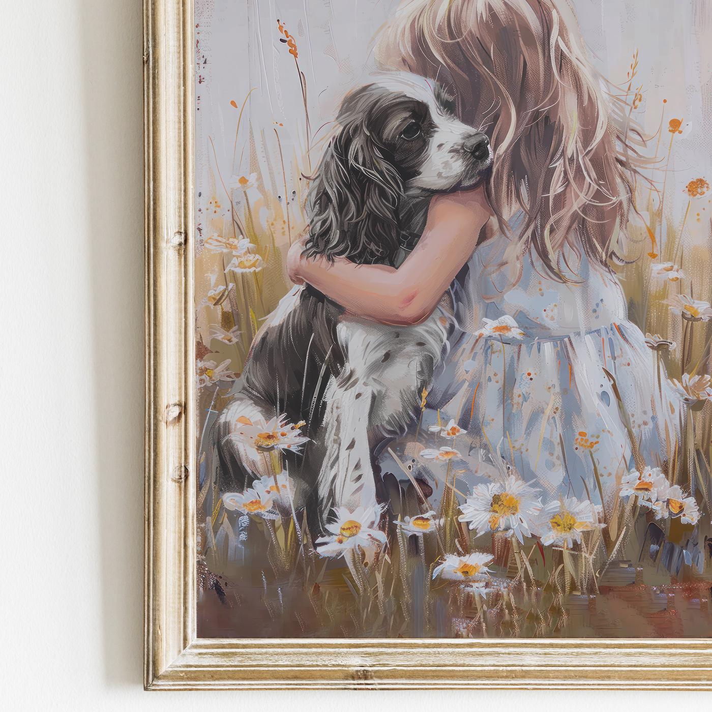 Springer Spaniel Nursery Wall Art, Black Springer Spaniel Painting, Dog Nursery Decor Girl, Girl and Dog Print, Printable Vintage Dog Art - My Store