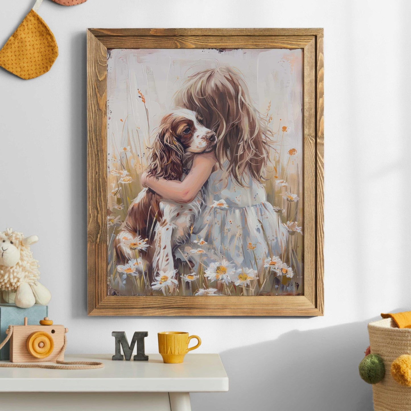 Springer Spaniel Wall Art, Brown & White Dog Decor, Girl and Dog Painting - WildfieldPrints