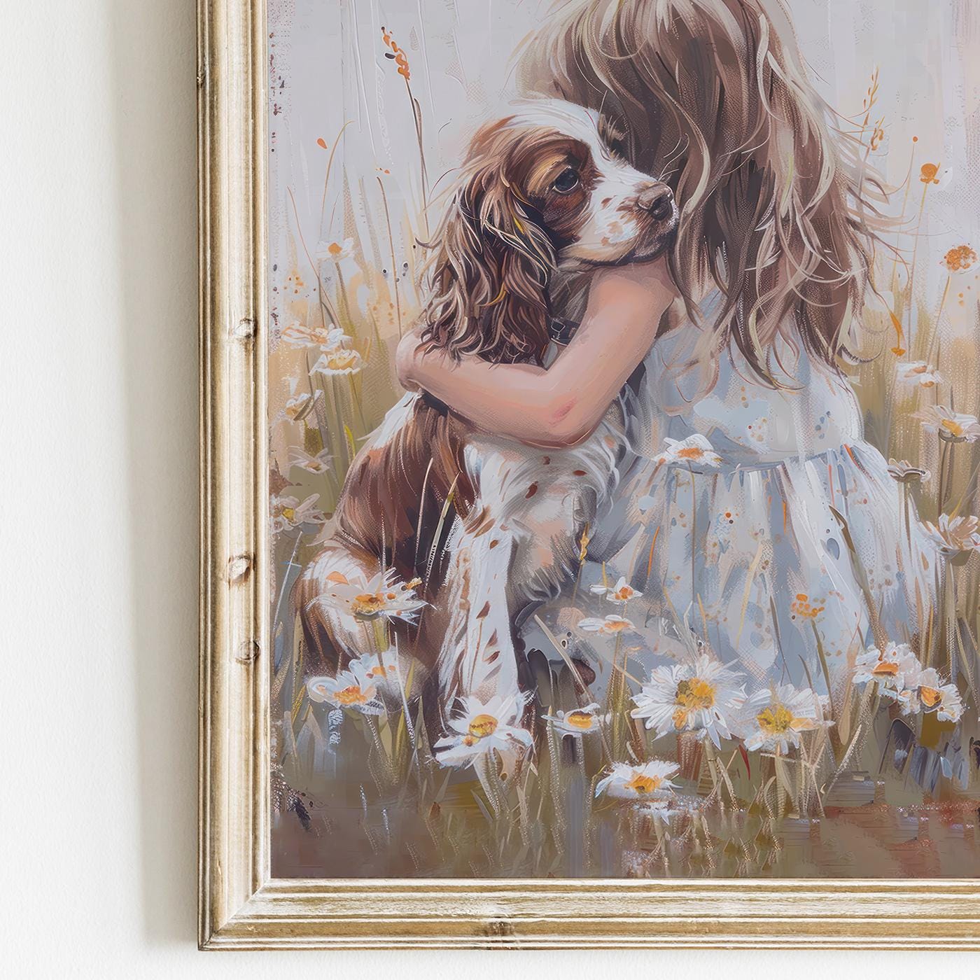 Springer Spaniel Wall Art, Brown & White Dog Decor, Girl and Dog Painting - WildfieldPrints
