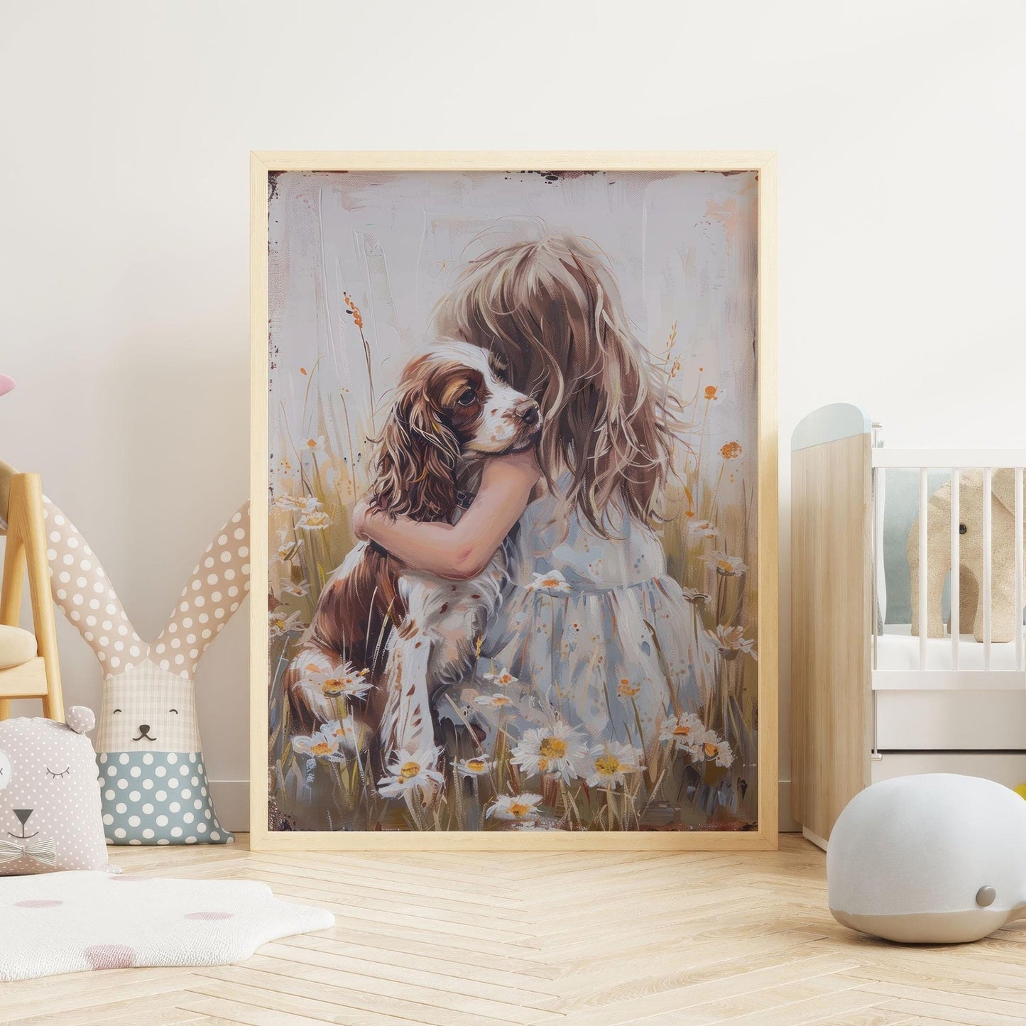 Springer Spaniel Wall Art, Brown & White Dog Decor, Girl and Dog Painting - WildfieldPrints