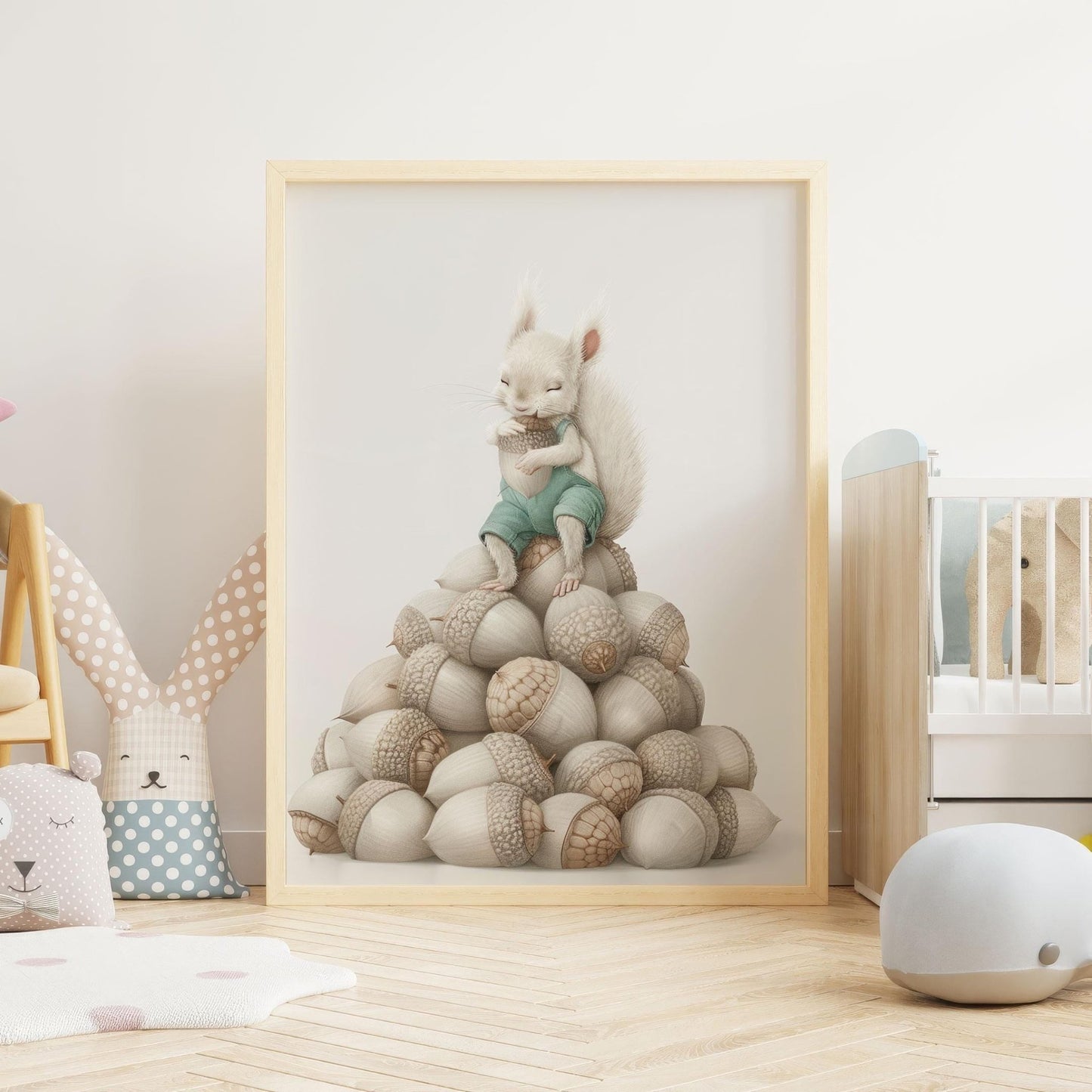Squirrel Nursery Decor, Whimsical Acorn Print, Woodland Animal Art - WildfieldPrints