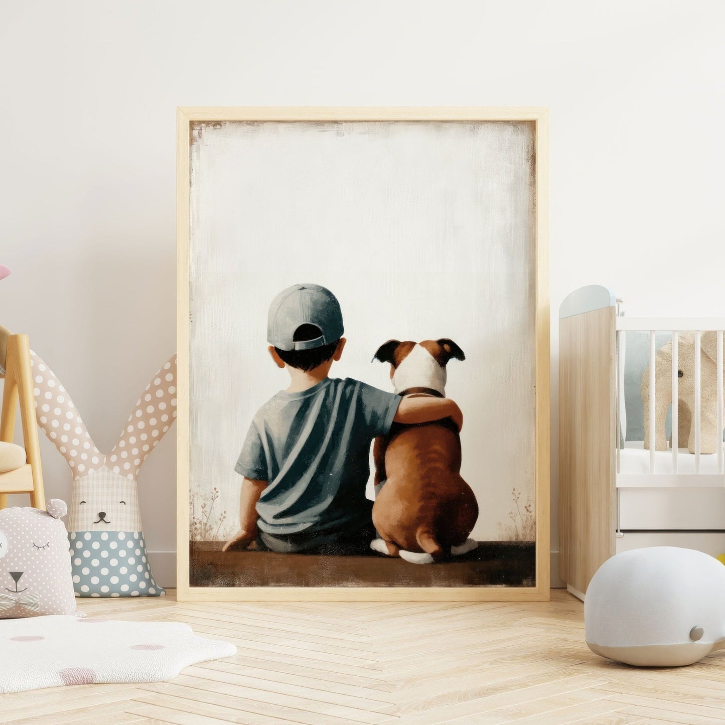 Staffordshire Bullterrier Nursery Wall Art, Boy & Dog Print, Puppy Decor - WildfieldPrints