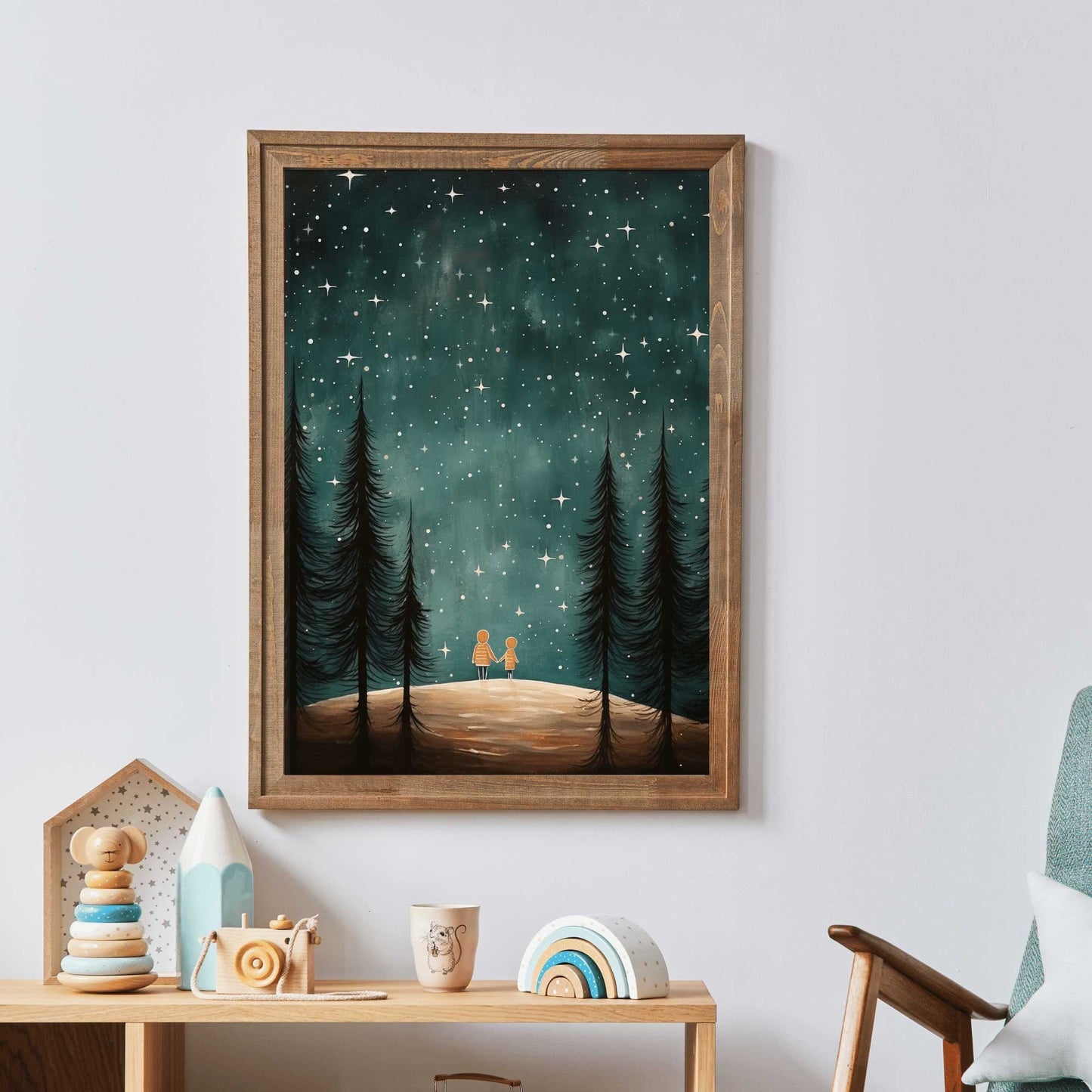 Stargazing Adventure Nursery Decor, Siblings Wall Art, Forest & Stars Print - WildfieldPrints