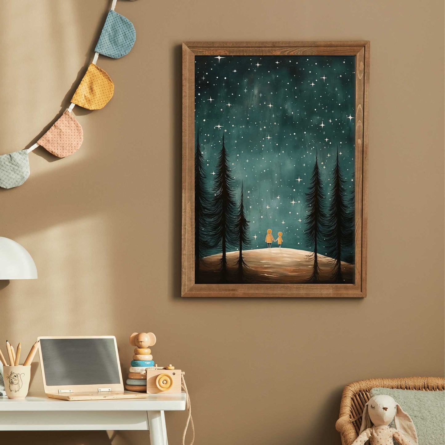 Stargazing Adventure Nursery Decor, Siblings Wall Art, Forest & Stars Print - WildfieldPrints