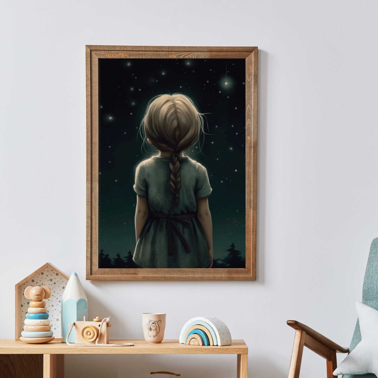 Stargazing Print, Girls Room Wall Art, Forest & Stars Decor - WildfieldPrints