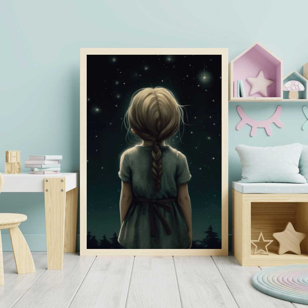 Stargazing Print, Girls Room Wall Art, Forest & Stars Decor - WildfieldPrints