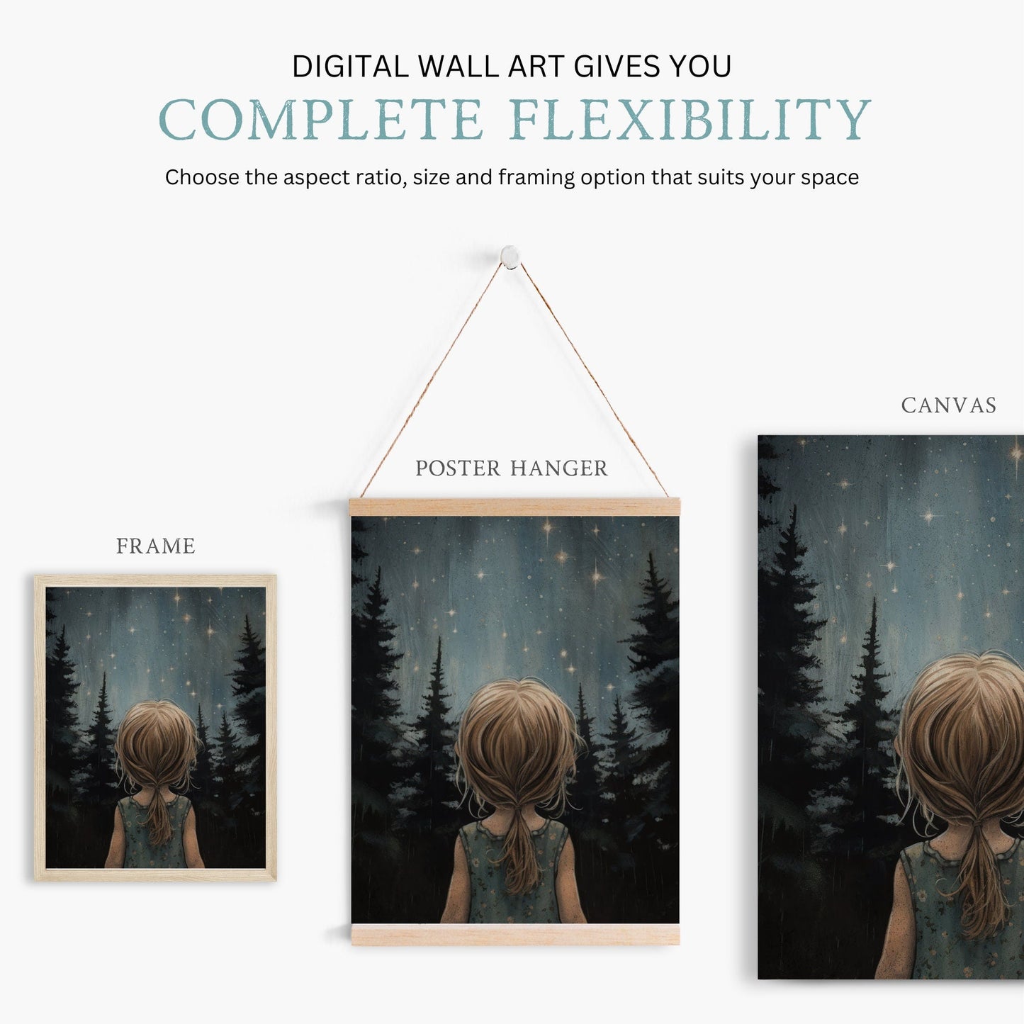 Stars & Moon Nursery Decor, Moody Kids Room Wall Art, Forest Print - WildfieldPrints