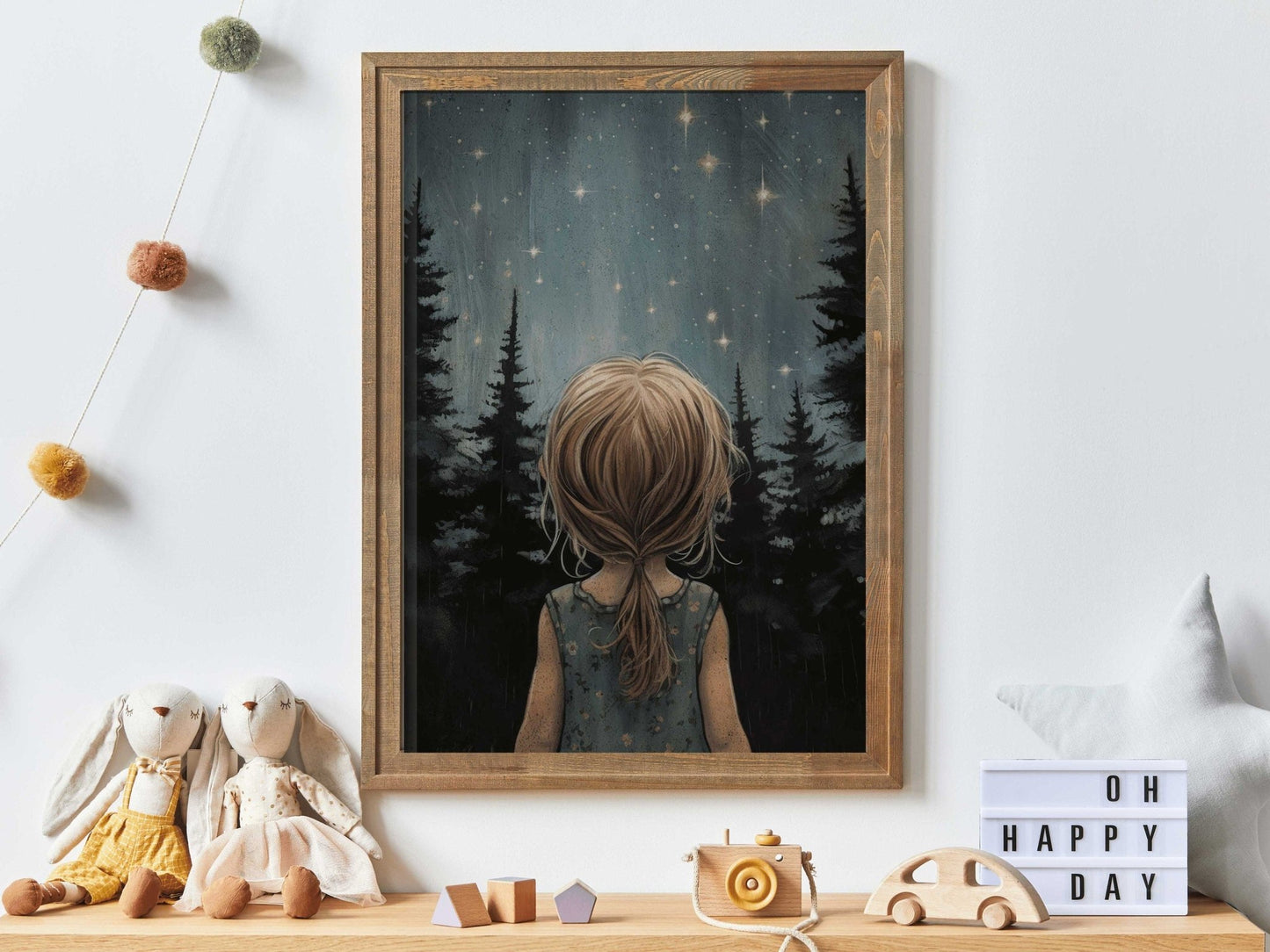 Stars & Moon Nursery Decor, Moody Kids Room Wall Art, Forest Print - WildfieldPrints