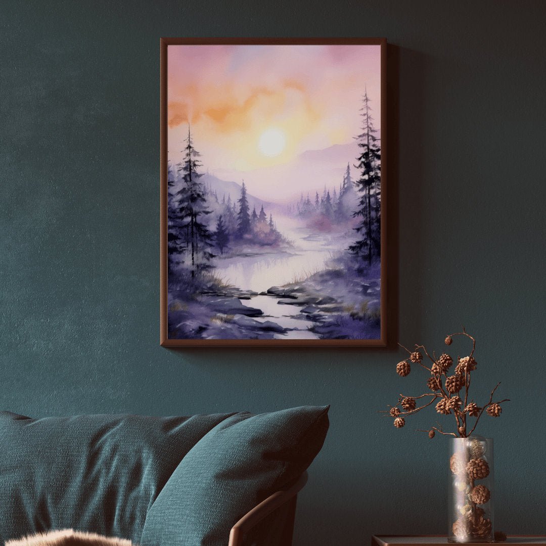 Stream & Forest Wall Art, Watercolor Landscape Decor, Purple Bedroom - WildfieldPrints