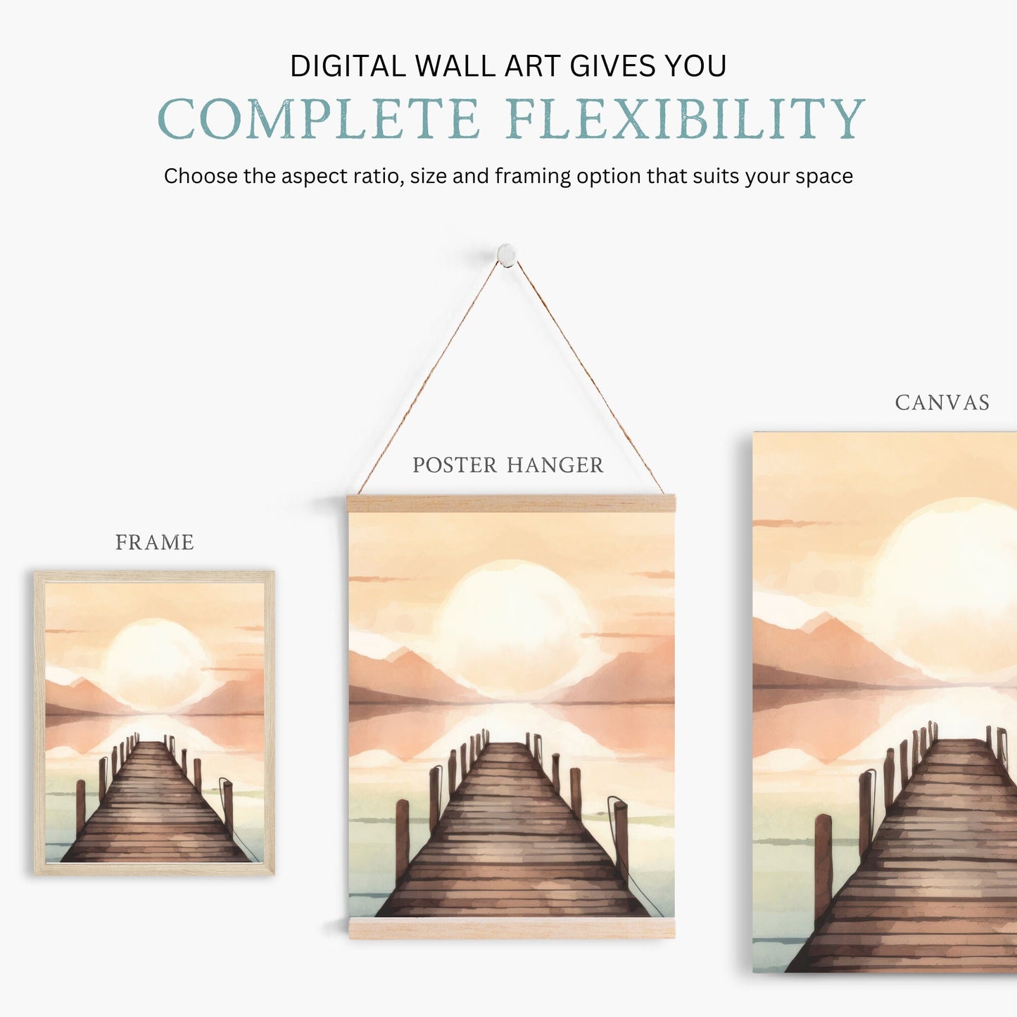 Sunset Lake Painting, Watercolor Landscape Decor, Mountains & Pier Art - WildfieldPrints