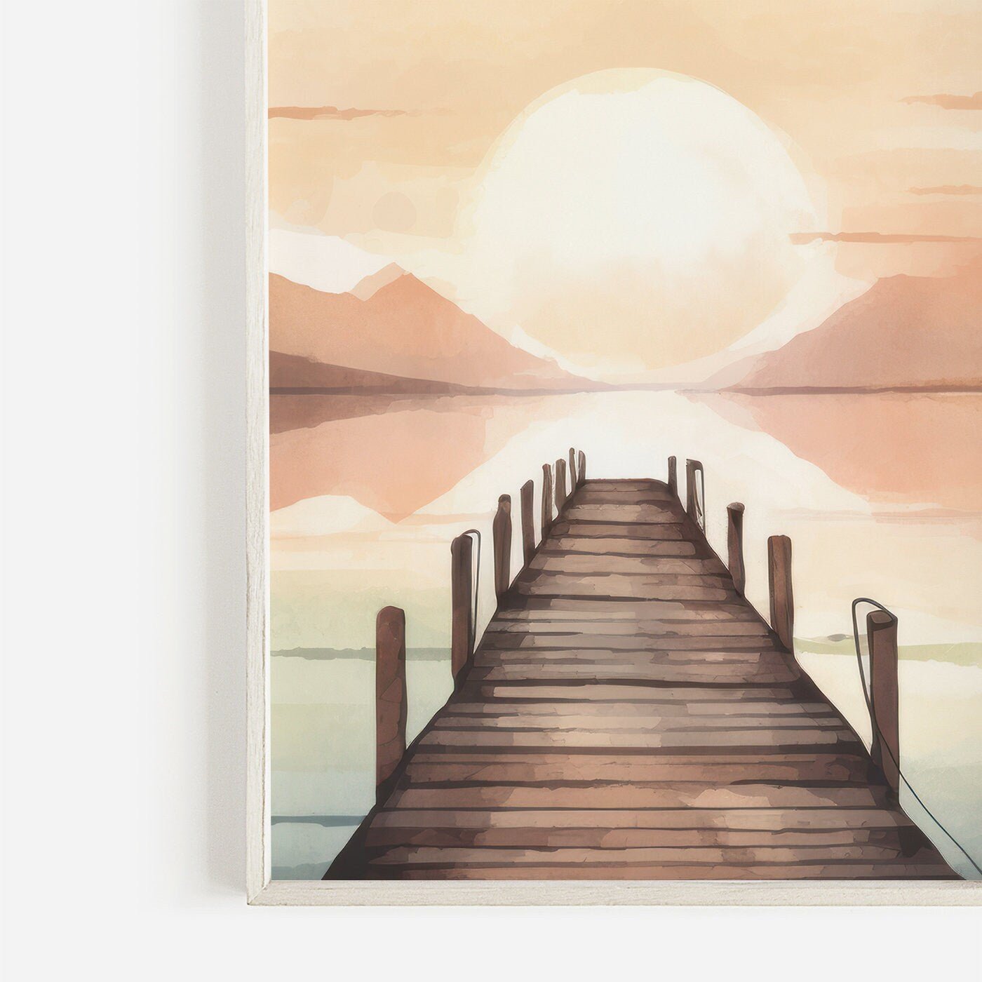 Sunset Lake Painting, Watercolor Landscape Decor, Mountains & Pier Art - WildfieldPrints