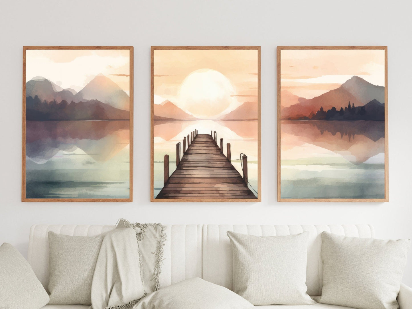 Sunset Lake Painting, Watercolor Landscape Decor, Mountains & Pier Art - WildfieldPrints