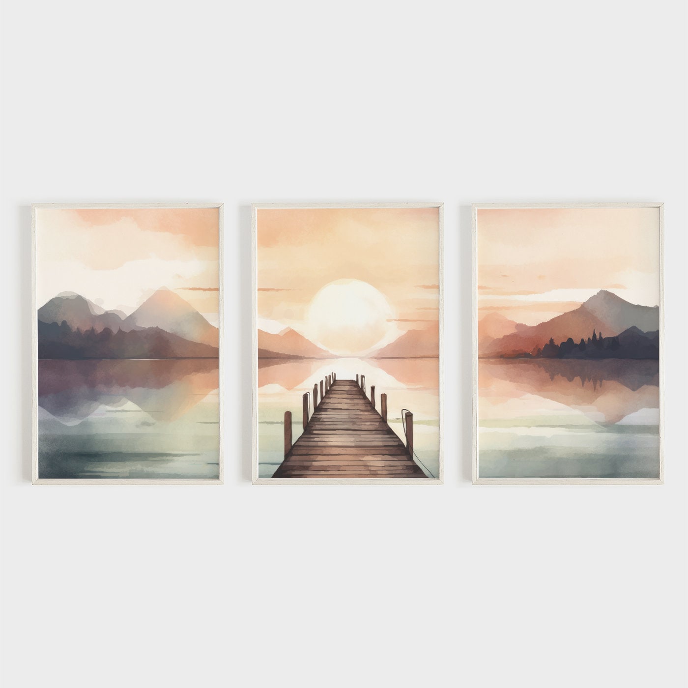 Sunset Lake Painting, Watercolor Landscape Decor, Mountains & Pier Art - WildfieldPrints