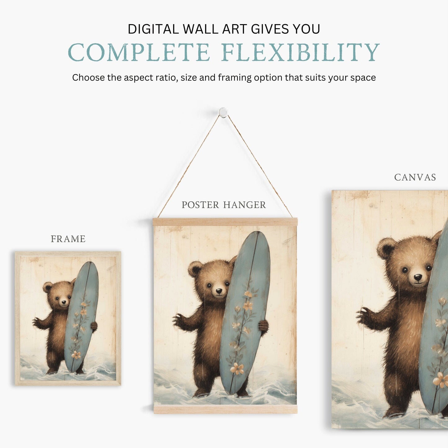 Surfer Bear Nursery Print, Surfing Kids Room Decor, Cute Animal Wall Art - WildfieldPrints