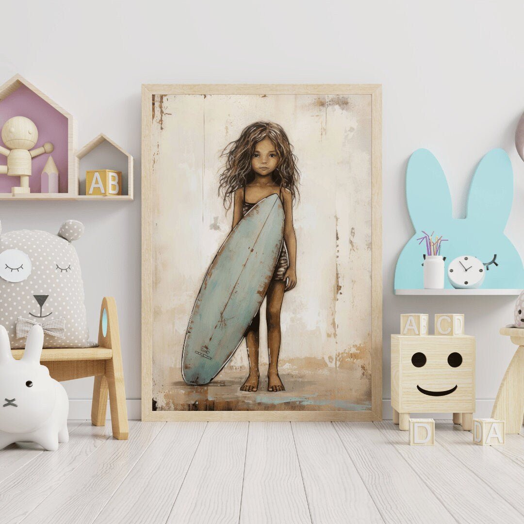Surfer Girl Print, Vintage Nursery Decor, Beach Themed Wall Art - WildfieldPrints