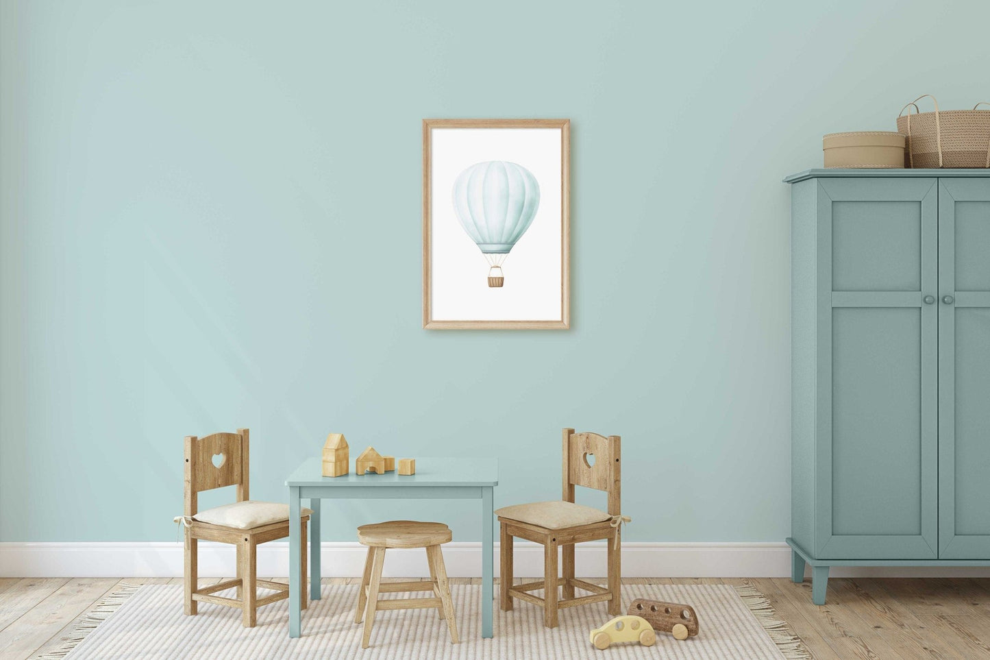 Teal Hot Air Balloon Nursery Decor, Vintage Wall Art, Pastel Print - WildfieldPrints