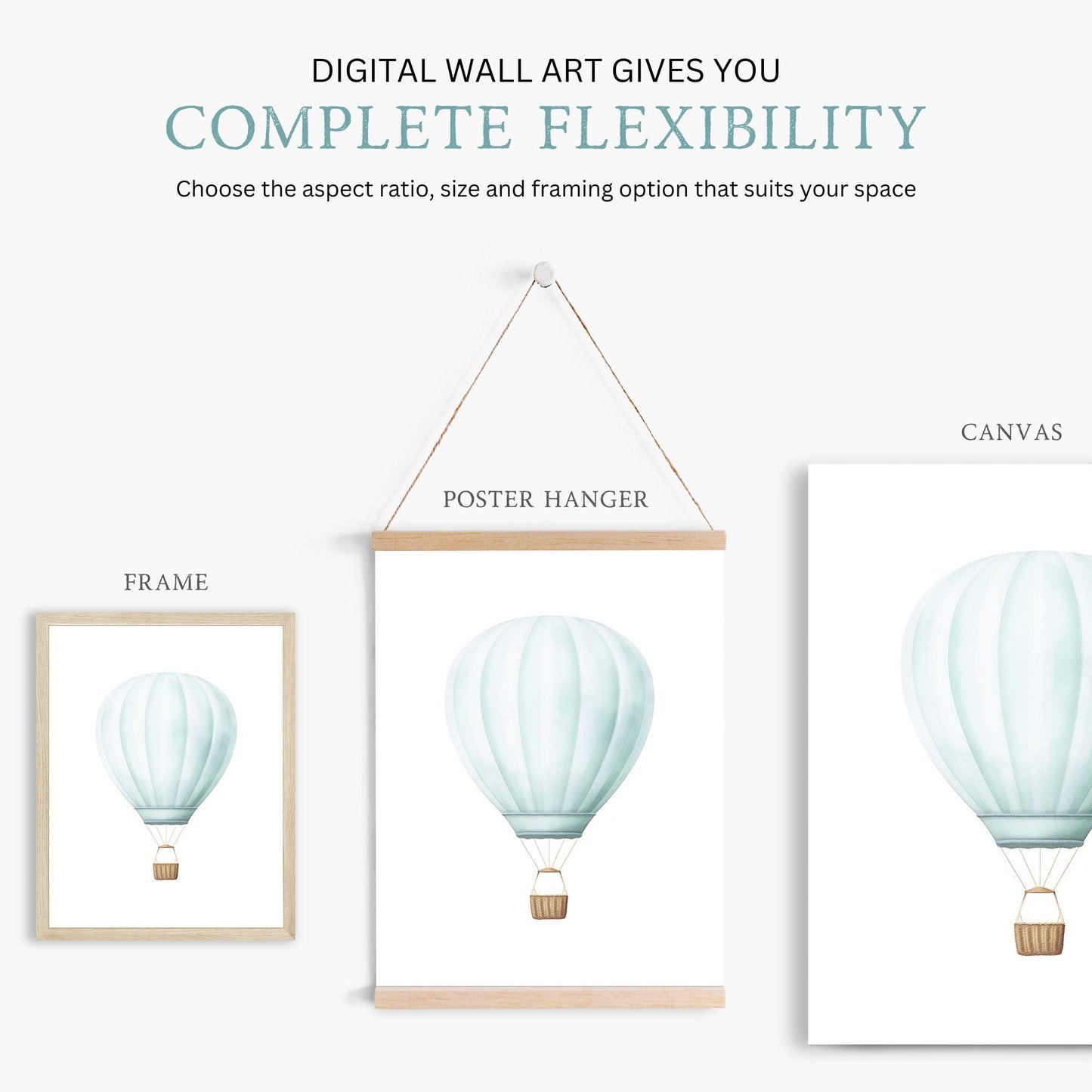 Teal Hot Air Balloon Nursery Decor, Vintage Wall Art, Pastel Print - WildfieldPrints
