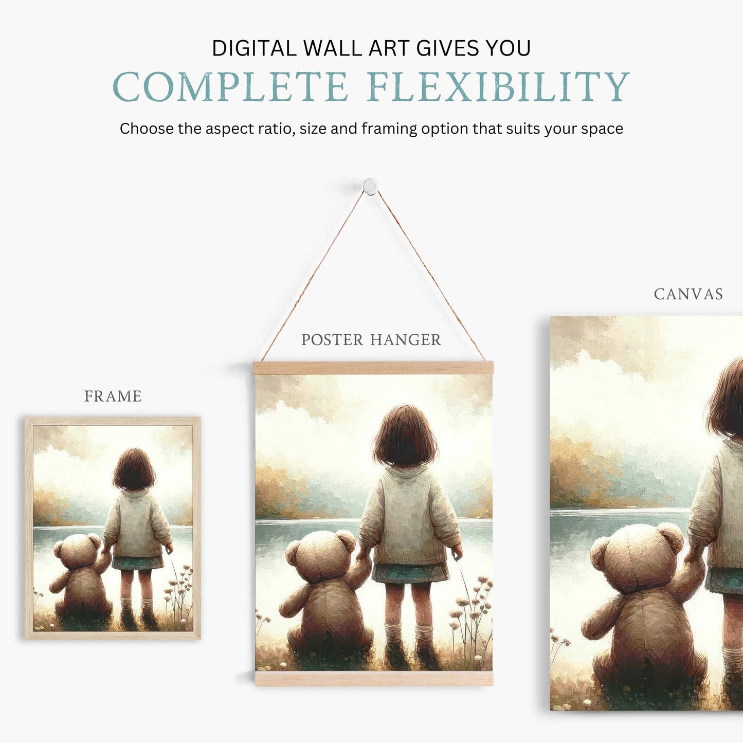 Teddy Bear Lakeside Moment Art, Vintage Triptych, Soft Nursery Decor - WildfieldPrints