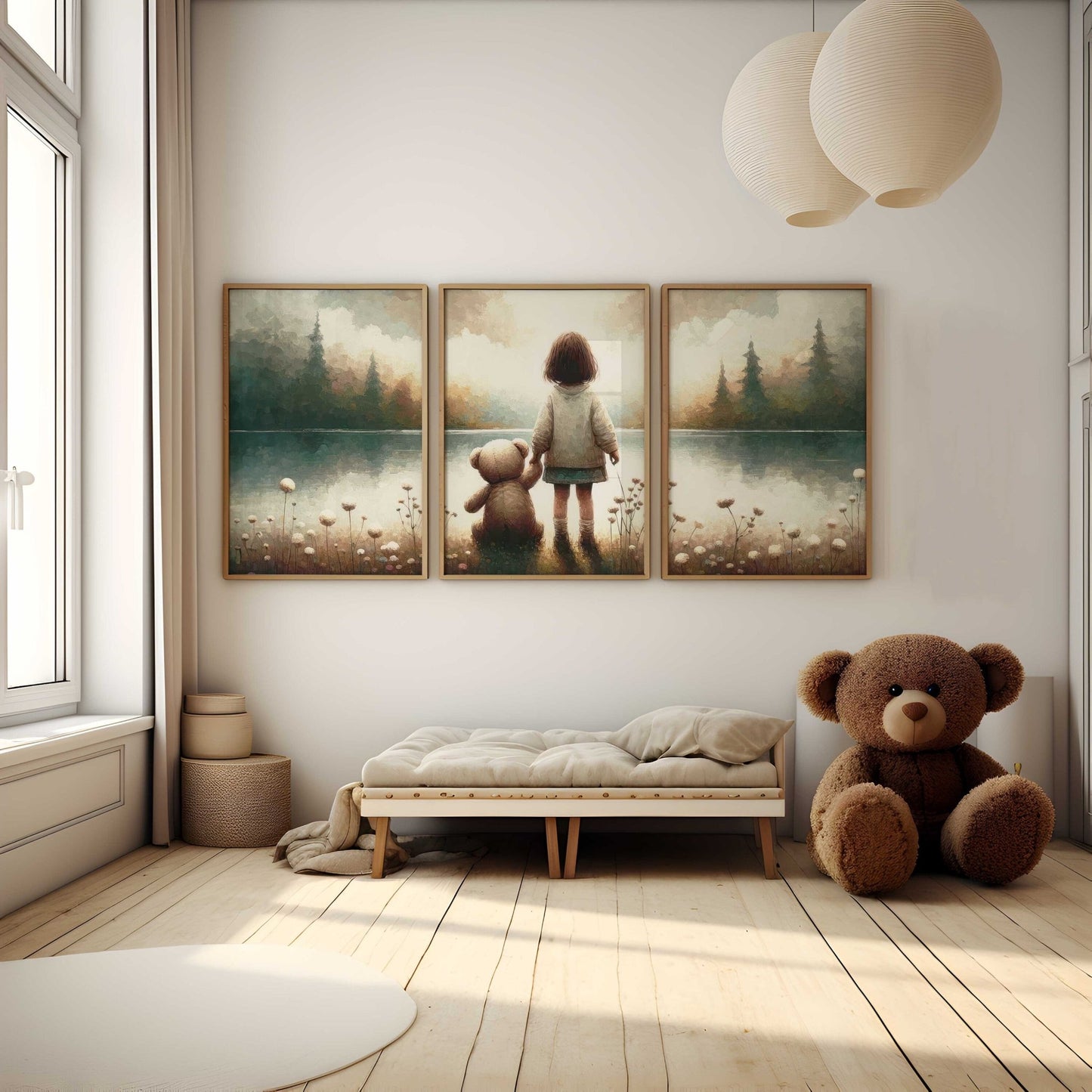 Teddy Bear Lakeside Moment Art, Vintage Triptych, Soft Nursery Decor - WildfieldPrints