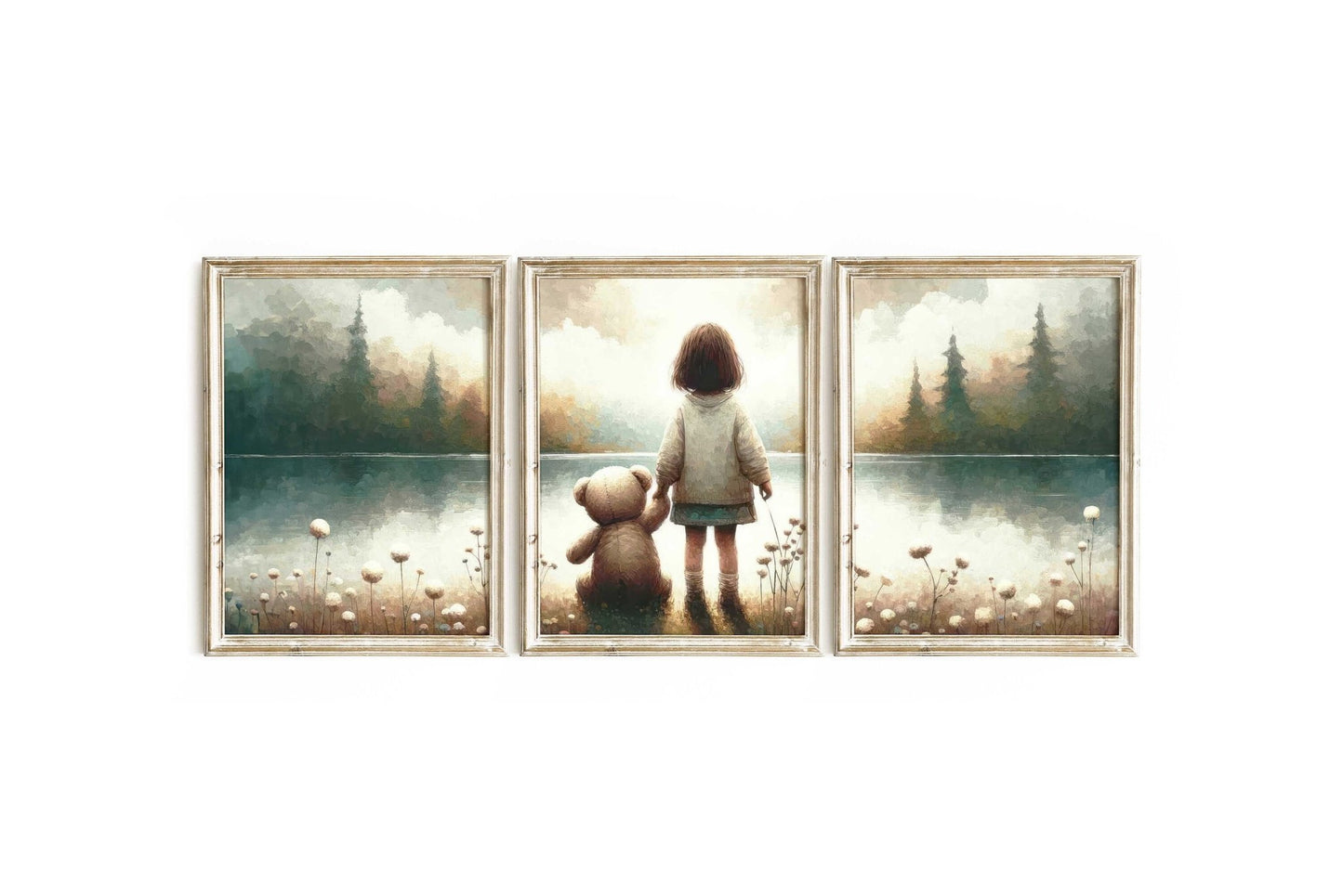 Teddy Bear Lakeside Moment Art, Vintage Triptych, Soft Nursery Decor - WildfieldPrints