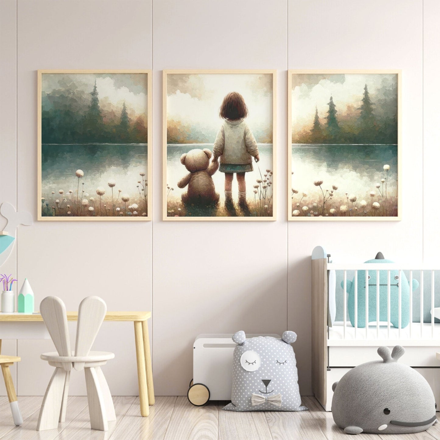 Teddy Bear Lakeside Moment Art, Vintage Triptych, Soft Nursery Decor - WildfieldPrints