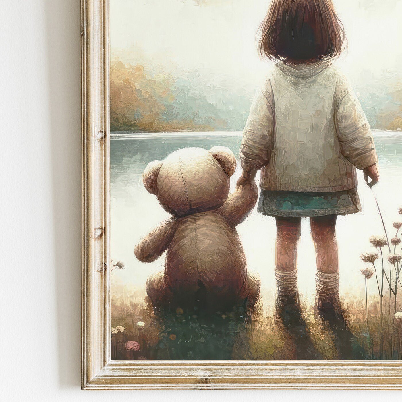 Teddy Bear Lakeside Moment Art, Vintage Triptych, Soft Nursery Decor - WildfieldPrints