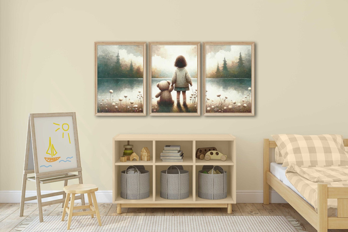 Teddy Bear Lakeside Moment Art, Vintage Triptych, Soft Nursery Decor - WildfieldPrints