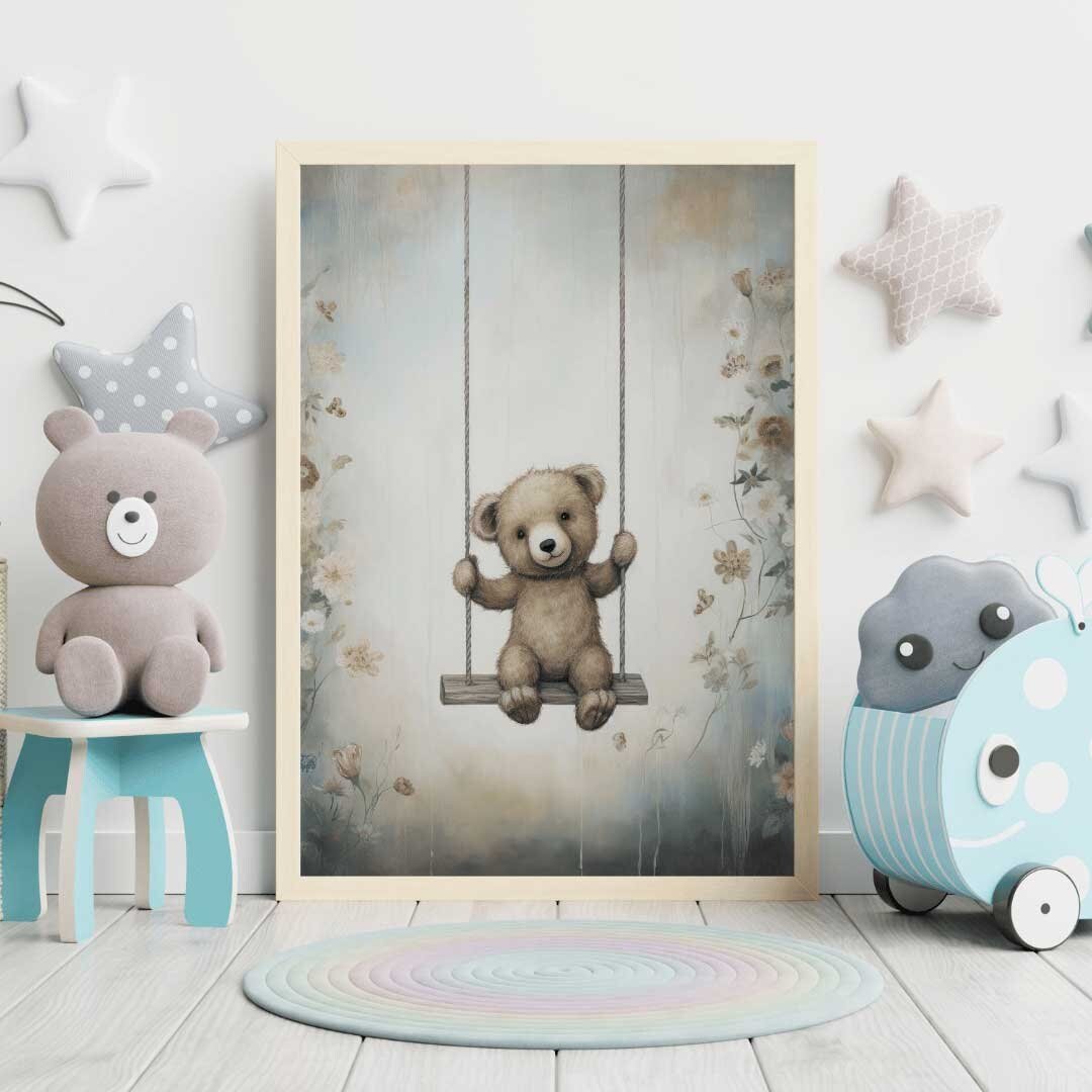 Teddy Bear Nursery Decor, Cute Vintage Baby Room Art, Rustic Design - WildfieldPrints