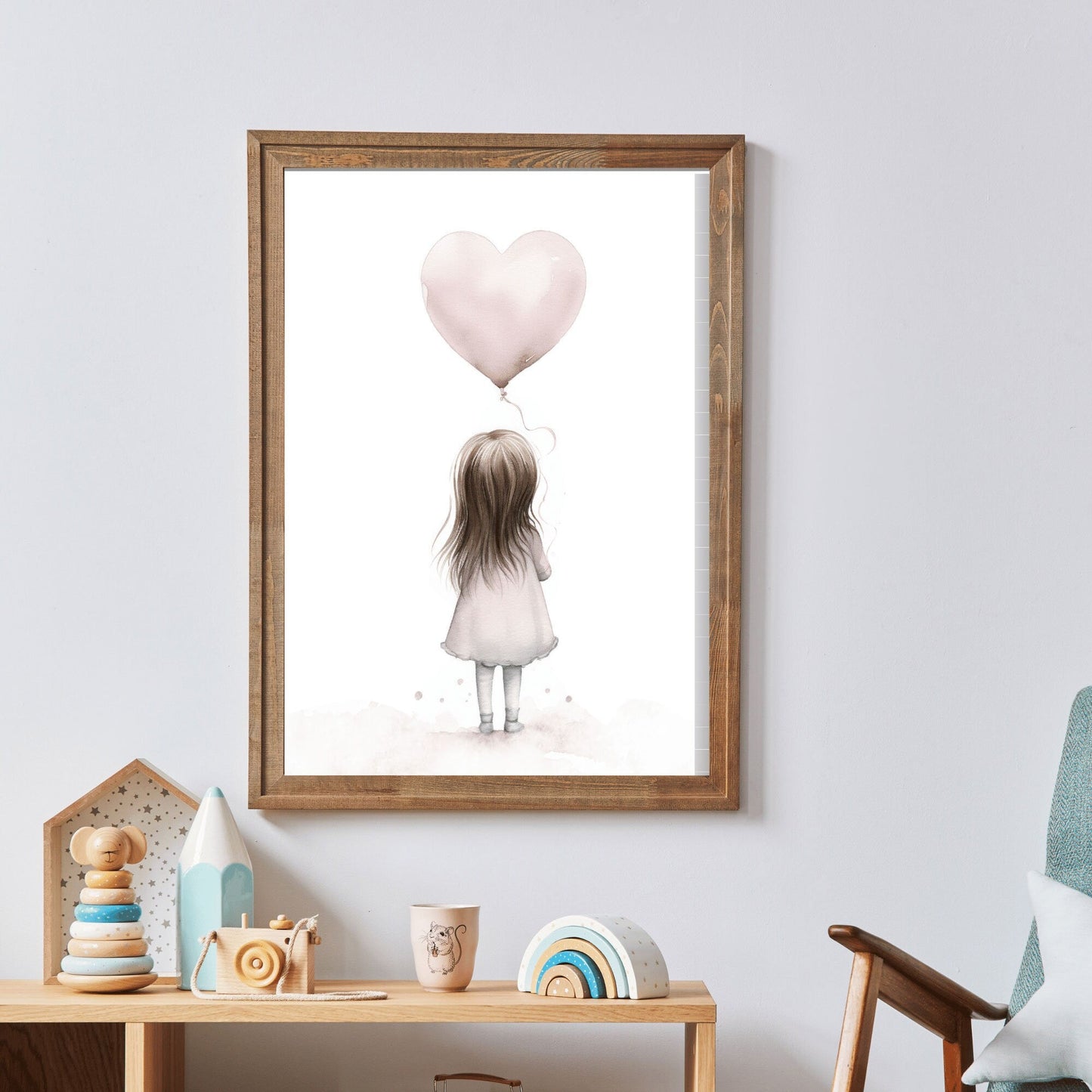 Toddler Girl Holding Heart Balloon, Vintage Watercolor Nursery Decor - WildfieldPrints